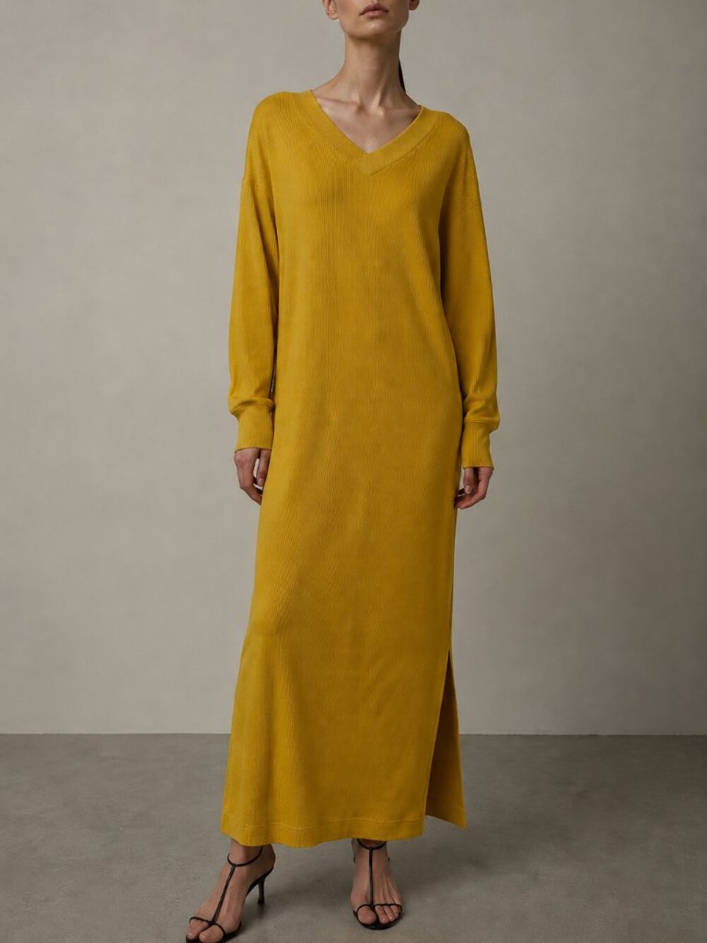 Moussy Maxi Interlock Knit Dress Women Size 2 (Medium) Mustard Yellow White NWOT